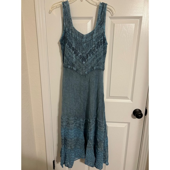 Advance Apparels Dresses & Skirts - Advance Apparels Teal Blue Embroidered Boho Midi Dress Smocked Back Rayon L XL